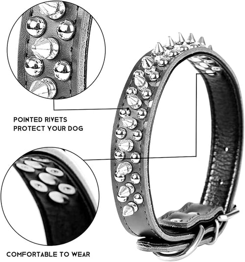 Adjustable Genuine Leather Spiked Studded Dog Collars for Small Medium Large Pets Like Pit Bull Bulldog Pugs Husky (L, Black1)