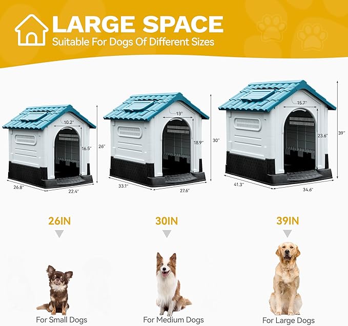 DWVO 41.3'' Plastic Foldable Dog House for Small, Medium, and Large Dogs, Waterproof Folding Pet House with Adjustable Top Window and Elevated Base (41.3''L x 34.6''W x 39''H)