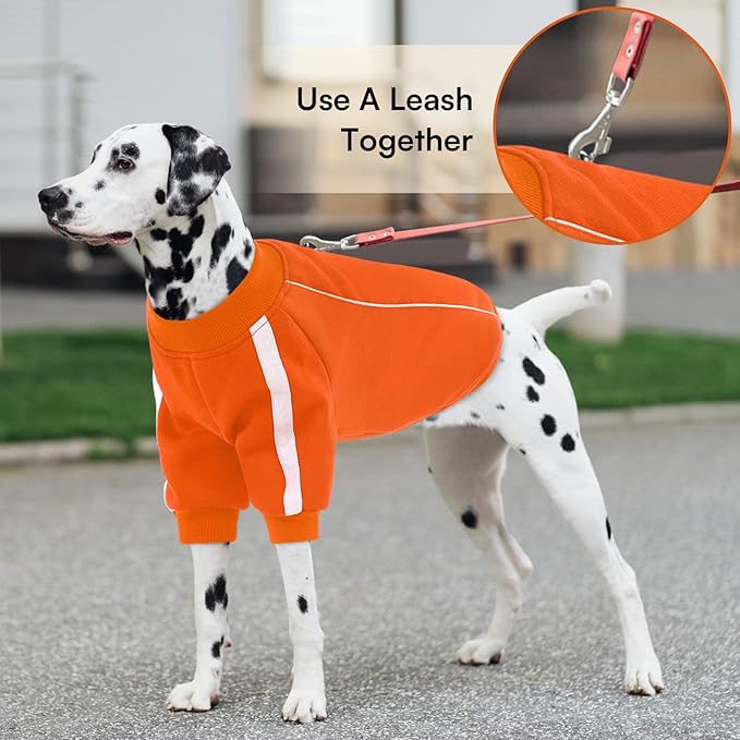 Queenmore Cozy Fleece Dog Sweater Large, Soft Pullover Dog Sweatshirt, Warm Winter Fleece Jacket with Leash Hole/Reflective Stripes for Small Medium Large Dogs Orange