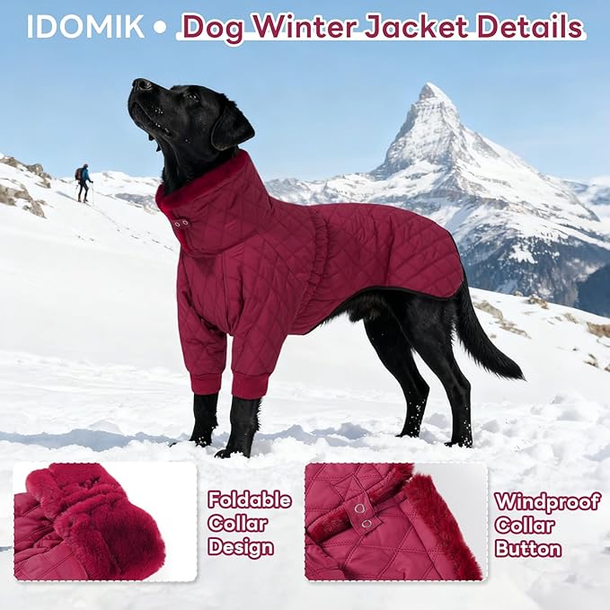 IDOMIK Dog Winter Coat for Large Dogs, Warm Dog Winter Jacket with Fleece High Collar, Zippered Cold Weather Coats for Dogs, Waterproof Doggy Snow Jacket Clothes,WineRed,XL