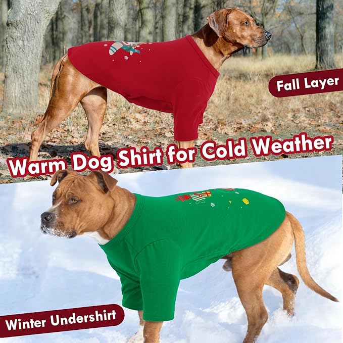 2 Pack Dog Shirt Christmas - Long Sleeve Soft Comfortable Tee, Fall Winter Cozy Undershirt for Sensitive Skin,Cold Weather Layer Under Coats Indoor Lounging, Outdoor Walking, Park Play