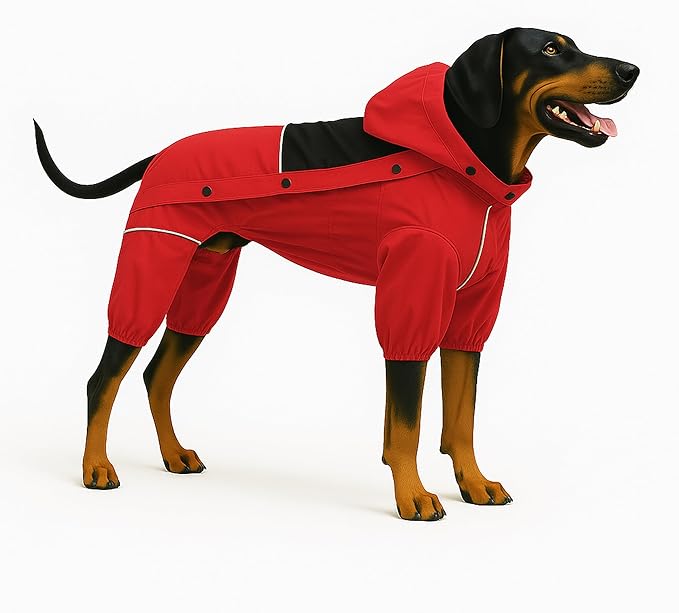 LOVELONGLONG Waterproof Dog Raincoat with Removable Hood – Outdoor Full Body Dog Jacket, Windproof Snowproof Shell Suit – All Season Pet Rain Gear Red S+