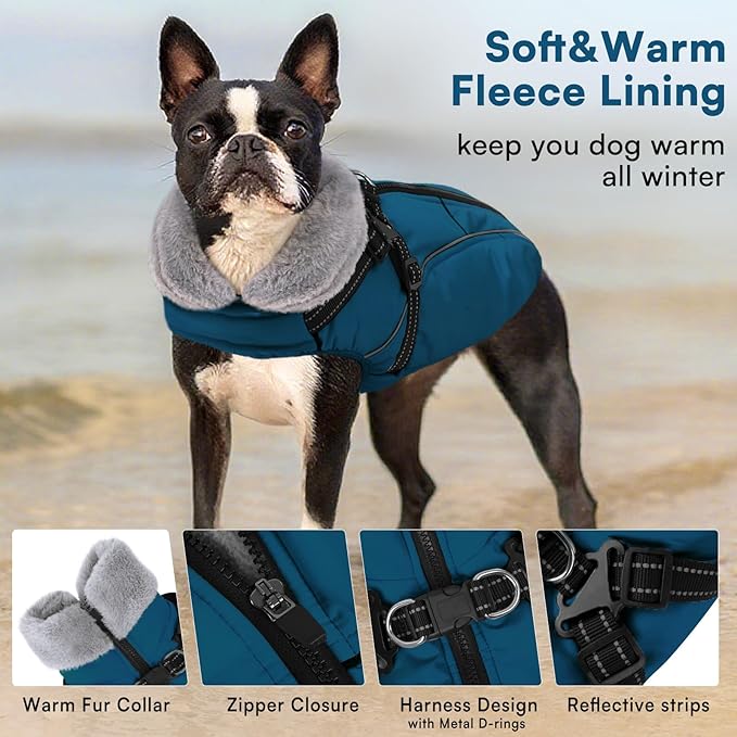 Queenmore Large Dog Jackets,Dog Coats for Extra Large Dogs with Harness Built in,Reflective Waterproof Dogs Jackets with Fleece Lining,Warm Snowsuit Pet Coats for German Shepherd,Blue,XXXL