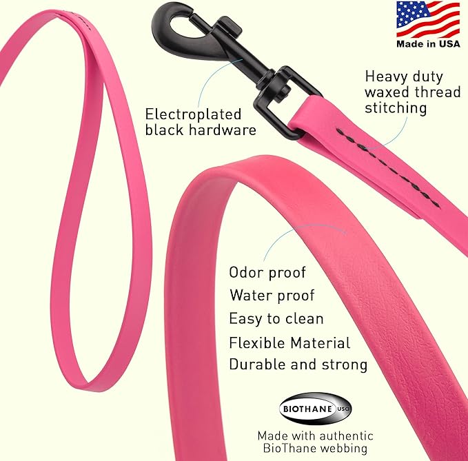 Dogline Biothane Waterproof Dog Leash Strong Coated Nylon Webbing with Black Hardware Odor-Proof Easy to Clean High Performance for Small or Large Dogs Made in USA 4 or 6 ft Lead, Passionfruit Pink