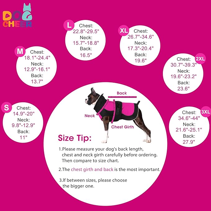 Dogcheer Waterproof Dog Coat, Christmas Dog Winter Jacket, Adjustable Puppy Fleece Coat for Cold Weather, Reflective Turtleneck Snow Jacket for Small Medium Large Dogs - Pink, 3XL