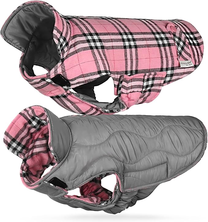 VIVAGLORY Softjoy Dog Coat, Dog Jacket for Winter & Christmas, Coat with Harness Hole & Velcro Closure, Reversible Plaid Checkered Warm Fluffy Heavy Duty for Puppy, M, Pink