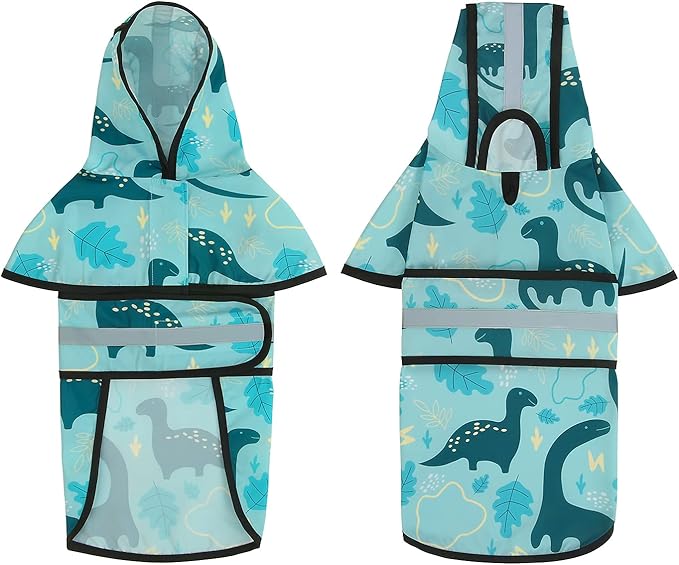 HDE Dog Raincoat Jacket Reflective Adjustable Hooded Pet Poncho Rain Coat with Leash Hole for Small to X-Large Dogs Dinosaurs - M