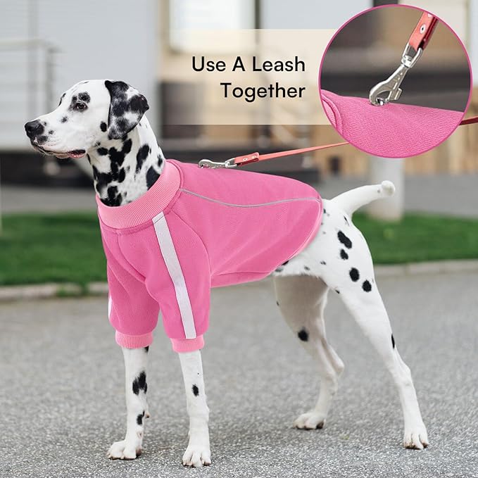 Queenmore Fleece Dog Sweater for Girl Dogs, Pullover Pink Dog Sweatshirt Sweatshirt with Leash Hole, Reflective Stripes – Cozy Winter Fleece Jacket for Small/Medium/Large Femal Puppy L