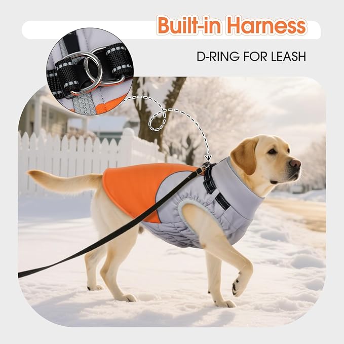 DENTRUN Dog Coat with Harness Built in, Cold Weather Dog Jacket Windproof Water-Repellent, Plush Turtle Neck Reflective Coat for Beagle, Orange, M