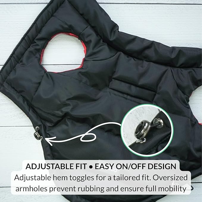 DJANGO Reversible Puffer Dog Coat – Warm Winter Dog Jacket & Water-Repellent Insulated Dog Coat with Harness Hole, Windproof, Adjustable Fit Vest for Small & Medium Dogs, Dachshunds – Black, Large