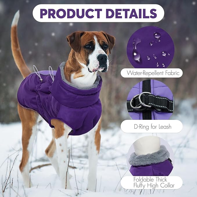 IDOMIK Warm Dog Coat with Harness, Waterproof Reflective Dog Jackets for Small Medium Large Dogs, Fleece High Collar Winter Jacket with Zipper, Pet Winter Snowsuit Clothes for Cold Weather,Purple M
