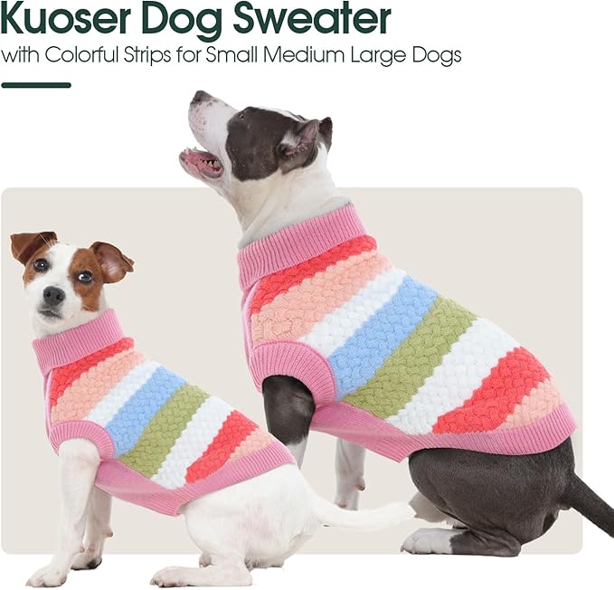 Kuoser Dog Sweater, Pet Cable Knitted Pullover Puppy Warm Clothes, Doggy Turtleneck Classic Knitwear Soft Thickening Doggie Outfit, Cold Weather Thermal Wear for Large Size Dogs, Pink 2XL