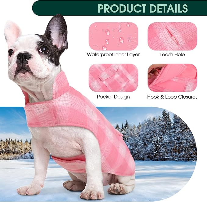 Kuoser Reversible Winter Coat, British Style Jacket for Small Medium Dogs - Warm, Windproof Puppy Cold Weather Vest, Pink M