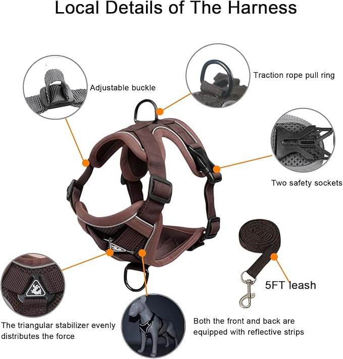 SOLMOONY Small Dog Harness,Soft Mesh Puppy Harness and Leash Set,No Escape Cat Harnesses for Training Walking,Reflective Adjustable Puppy Vest for Small Medium Dogs, Cats (Brown, S)