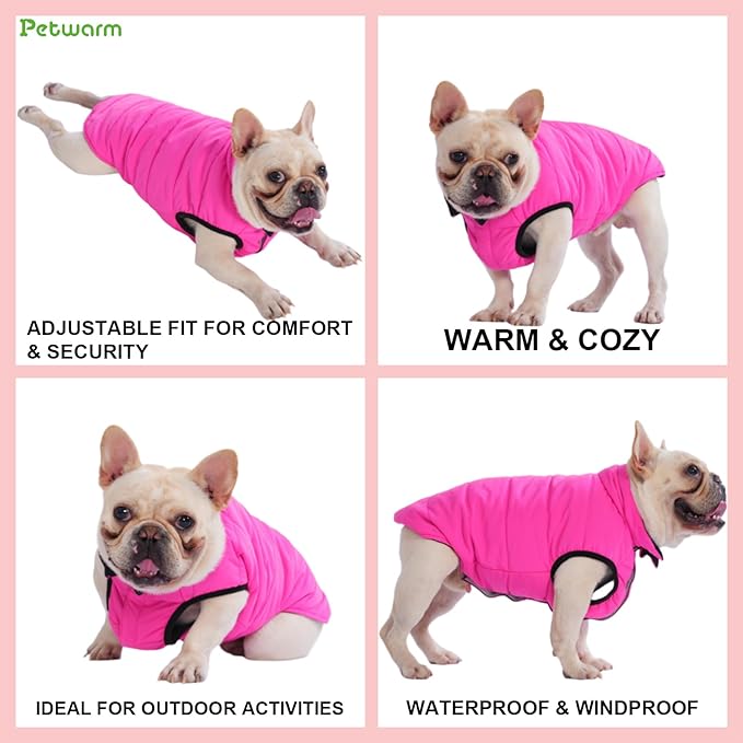 PetWarm Reversible Dog Winter Coat, Windproof Dog Puffer Vest, Soft Vest for Dogs with Hook-and-Loop Strap for Easy Dressing, Waterproof Coat for Dogs with Adjustable Fit, Pink, M