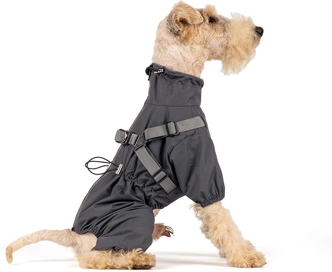 Mile High Life Waterproof Dog Raincoat, Full Coverage Small Dog Rain Coat with Harness, Adjustable 4 Legs Puppy Rain Jacket with Reflective Strip and Elastic Cuffs (Gray, XXS Back Length 9.8")