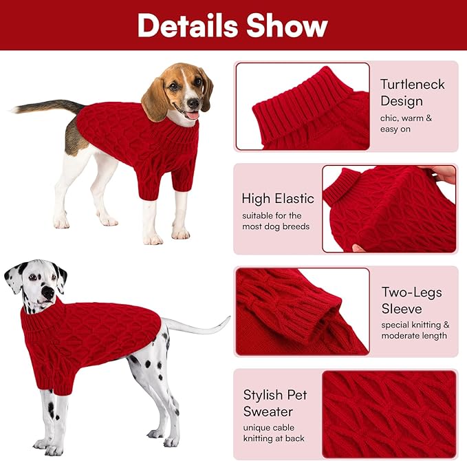 Queenmore Dog Sweaters for Large Dogs Girls Boys,Warm Pullover Extra Large Dog Sweater,Dogs Christmas Sweaters,Classic Turtleneck Thick Clothes for Extra Large Pets, Pitbull, Boxer(Red,XL)