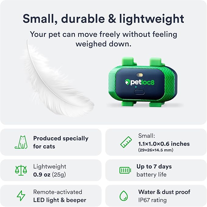 Cat GPS Tracker – Smallest Waterproof Pet Tracking Device with App, Real-Time Location, Smart Alerts & Geo-Fence, Long-Life Battery, Collar-Compatible – iOS & Android (12-Mo Subscription Included)