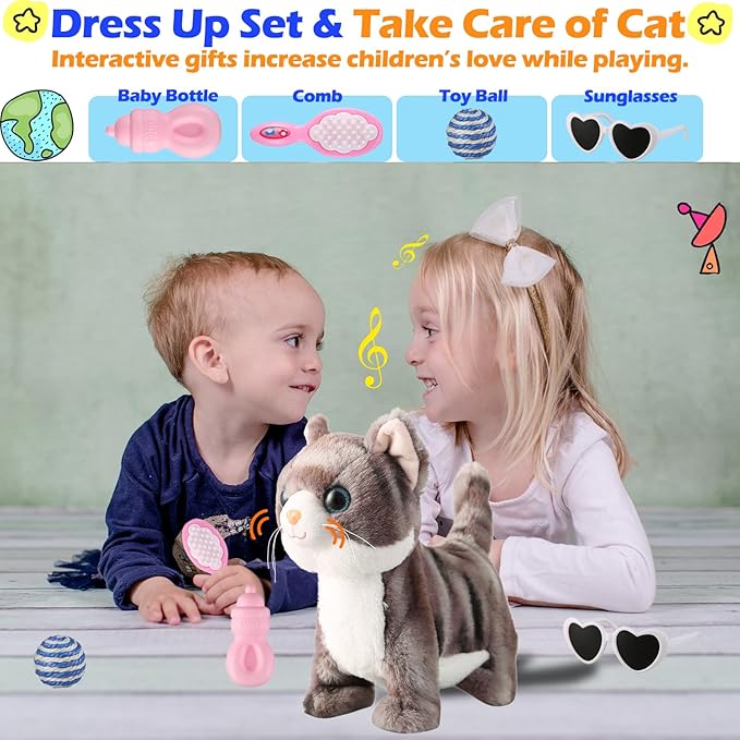 Gray Walking Cat Set Singing That Purrs and Meows Animated Plush Robot Kitten with Leash Moving Plush Stuffed Animal Remote Control Cute Kawai Robotic Kitty Electronic Kitten Toy for Girl Kid