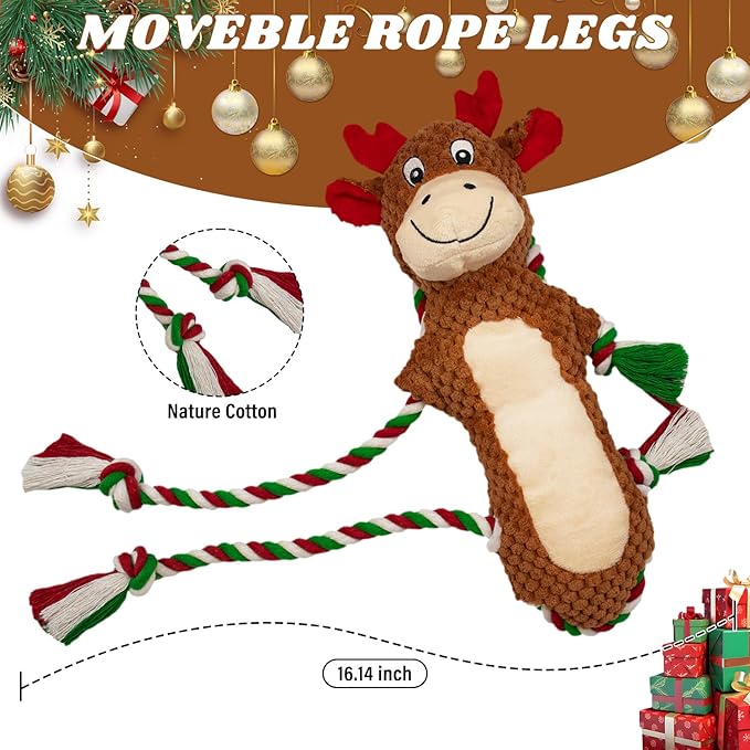 Christmas Squeaky Reindeer Dog Toys-Tug of War Dog Toy for Puppy- Keep Them Busy and Entertained- Interactive Pet Toys for Small & Medium & Large Breeds
