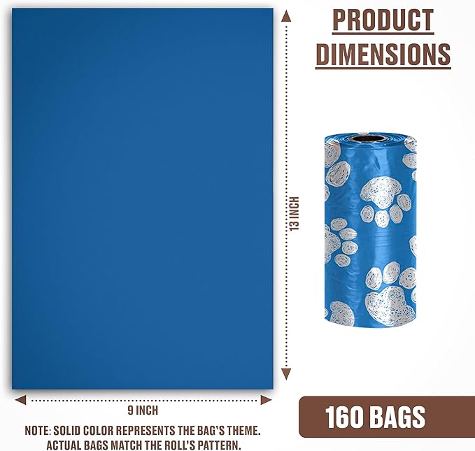 Parisian Pet Ecofriendly Dog Poop Bags Rolls - 160 Count Unscented Poop Bags for Dogs - Leakproof, Extra Thick, 8 Dog Waste Bags Refill Rolls - Blue Doggie Poop Bags - Fits All Dispenser