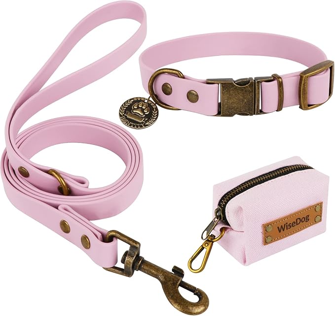 Wisedog Dog Collar and Leash Set, Waterproof Adjustable Puppy Collars with Cute Tag 6FT Dog Leash with Poop Bag for Small Medium Large Dogs (XS, Pale Pinkish Purple)