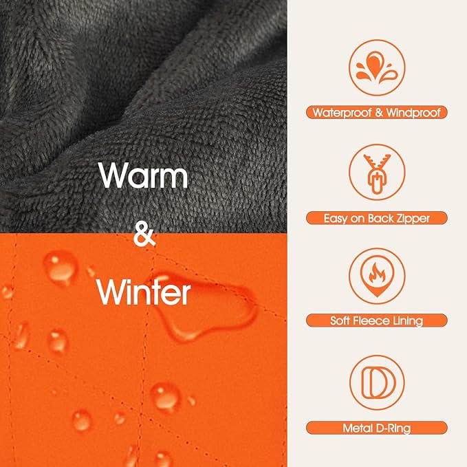 Dog Coat with Harness Built in -Orange,Large- Fleece Lined Dog Snow Jacket Snowsuit，Adjustable Reflective Winter Warm Cold Weather Coat