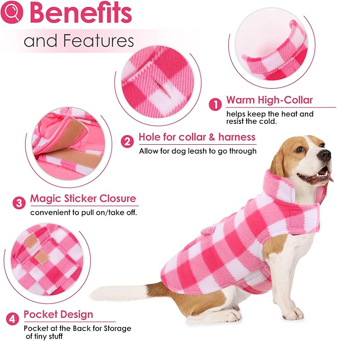 AOFITEE Dog Coat Plaid Dog Winter Coat for Small Dogs, Warm Dogs Jacket Christmas Sweater, Waterproof Pet Puffer Jacket, Reversible Pet Cold Weather Coats for Small Medium Large Pets, Pink L