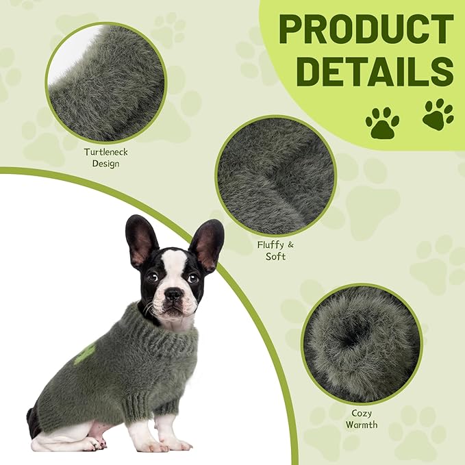 Small Dog Furry Pullover Sweater, Classic Turtleneck Dog Clothes for Cold Weather Cute Warm Pet Clothes for Chihuahua, Bulldog, Dachshund, Pug Green Medium