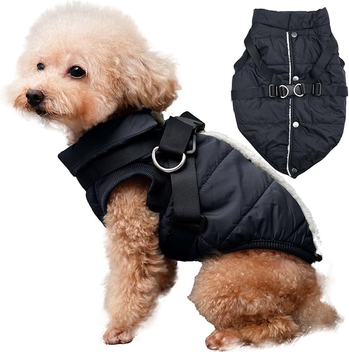 Dog Jacket with Harness,Fleece Lined Warm Puppy Coat for Winter,Soft Windproof Small Dog Vest,Black M