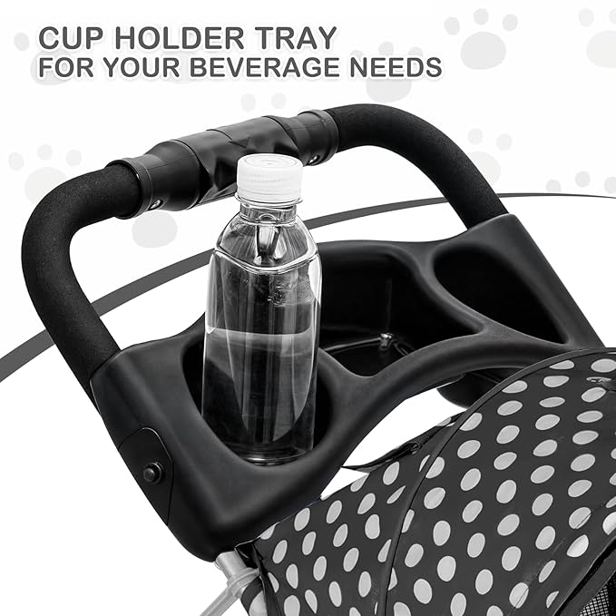 MoNiBloom 3 Wheels Pet Dog Cat Stroller for Small Medium Dogs Cats, Foldable Jogger Stroller w/Storage Basket and Cup Holder, Black Polka Dots