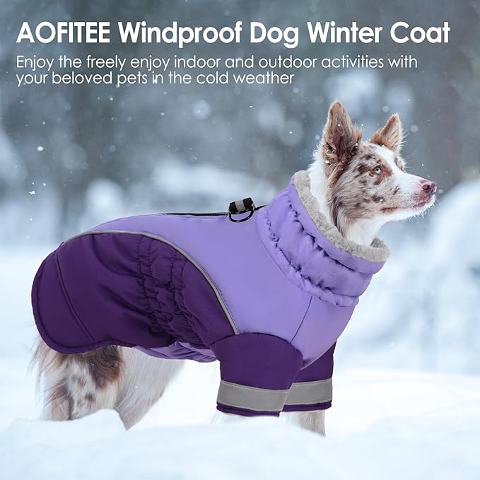 AOFITEE Dog Coat- Two Legged Large Dog Winter Jacket - Zipper Dogs Cold Weather Coat with Harness, Warm Pet Puffer Jackets Reflective Pet Snow Coats for French Bulldog, Boston Terrier, Purple L
