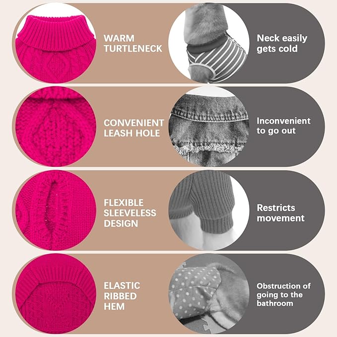 BINGPET Thermal Knitted Dog Sweater for Small Medium Large Dogs,Winter Dog Cat Coat Warm Sweartershirts Outfits,Classic Cable Knit Turtleneck Pullover Dog Jumper Coat Warm Sweartershirts(Rosered,L)