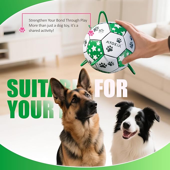 Size 2 Dog Soccer Ball with Straps White & Green Durable Training Ball for Pets Interactive Outdoor Dog Toy, for Small & Medium Puppies, Pet Supplies