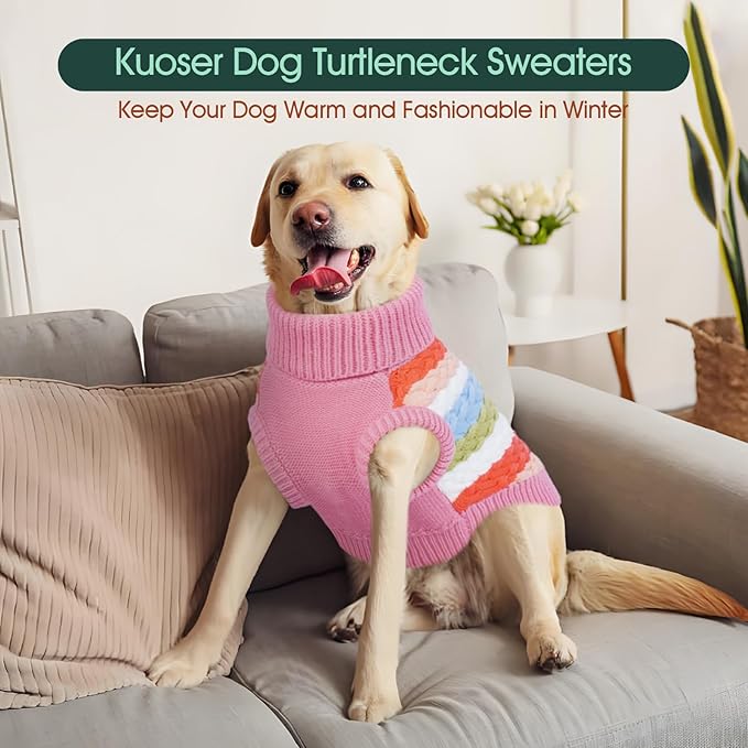 Kuoser Dog Sweater, Pet Cable Knitted Pullover Puppy Warm Clothes, Doggy Turtleneck Classic Knitwear Soft Thickening Doggie Outfit, Cold Weather Thermal Wear for Large Size Dogs, Pink 2XL