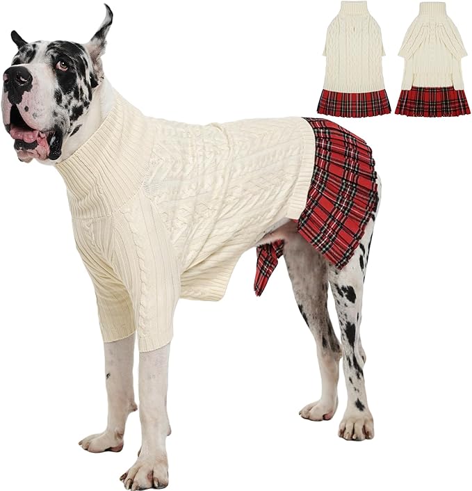 IECOii Girl Dog Sweater Dress, Great Dane Sweaters for Girl Dogs, Beige,5XL, Extra Large Dog Sweater for Female Dogs Pet Winter Dress for Giant Breeds - Xmas Turtleneck Knitwear for Cold Weather