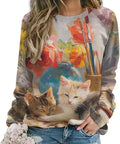 Long Sleeve Shirts for Women Cat Oil Painting Shirt 3D Graphic Sweatshirts Fall Pullover Crewneck Vintage Boho Tops