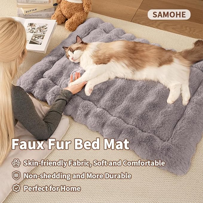 Cat Beds for Indoor Cats Plush Pad Mat with Non-Slip Bottom Faux Fur Soft Kitten Bed for Carriers/Floor/Couch Dog & Puppy Washable 23 x 15 Inch Medium Grey