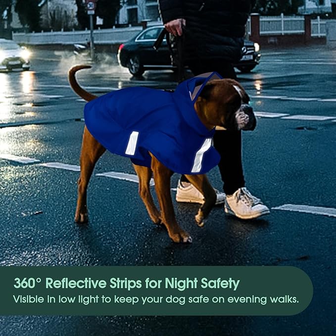 Kuoser Dog Raincoat, Waterproof Dog Rain Jacket with Clear Hooded Double Layer, Lightweight Reflective Dogs Rain Coat with Adjustable Belly Strap, Rain Coats for Extra Large Dogs Outdoor Wear,Blue 2XL