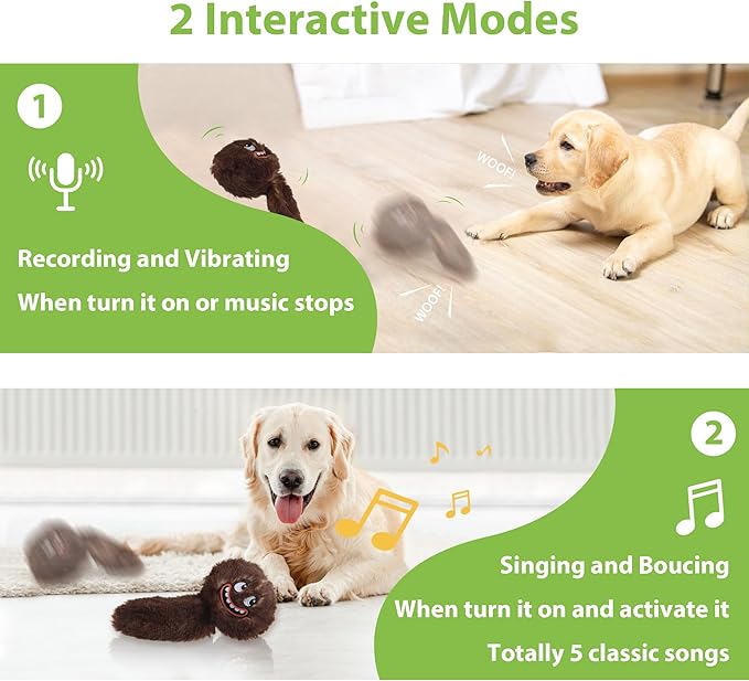 PETGEEK Interactive Squeaky Dog Toy, Upgraded Automatic Moving Vibrating Dog Ball with Plush Cover, 900mAh Rechargeable Bouncing Ball with Recording Music Mode, Crinkle Dog Toy for Pet Boredom, Brown