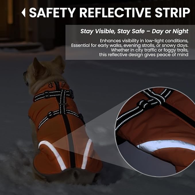 QBLEEV Dog Coat for Large Dogs, XL Dog Jacket for Winter Snow Waterproof with Built-in D-Ring Harness, Reflective Warm Thick Fleece Safety Vest, Cold Weather Snowsuit with Zip, Orange, XL
