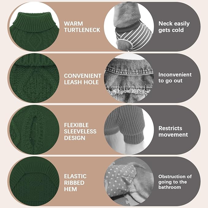 BINGPET Thermal Knitted Dog Sweater for Small Medium Large Dogs,Winter Puppy Cat Coat Warm Sweartershirts Outfits,Classic Cable Knit Turtleneck Pullover Dog Jumper Coat Warm Sweartershirts