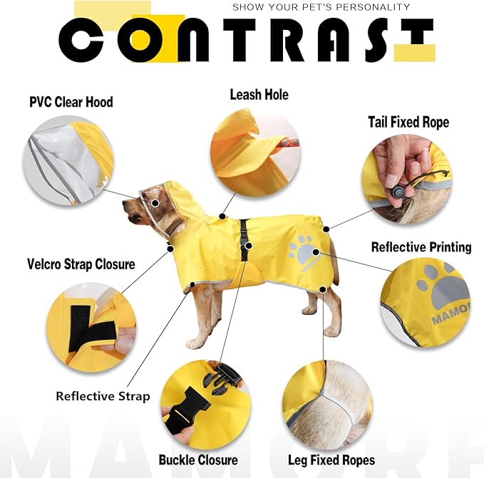 MAMORE Dog Raincoat Hooded Rain Jacket for Small Medium Large Dogs Slicker Poncho Bottom Waterproof Adjustable Reflective Breathable Leash Hole (Yellow, XXX-Large)