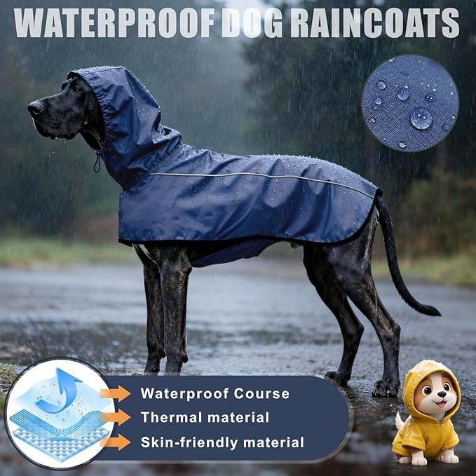 Mosucoirl Dog Raincoat Jacket Reflective Adjustable Hooded Pet Poncho Rain Coats with Leash Hole Waterproof Clothes for Small Medium Large Dogs (NavyBlue, XXL)
