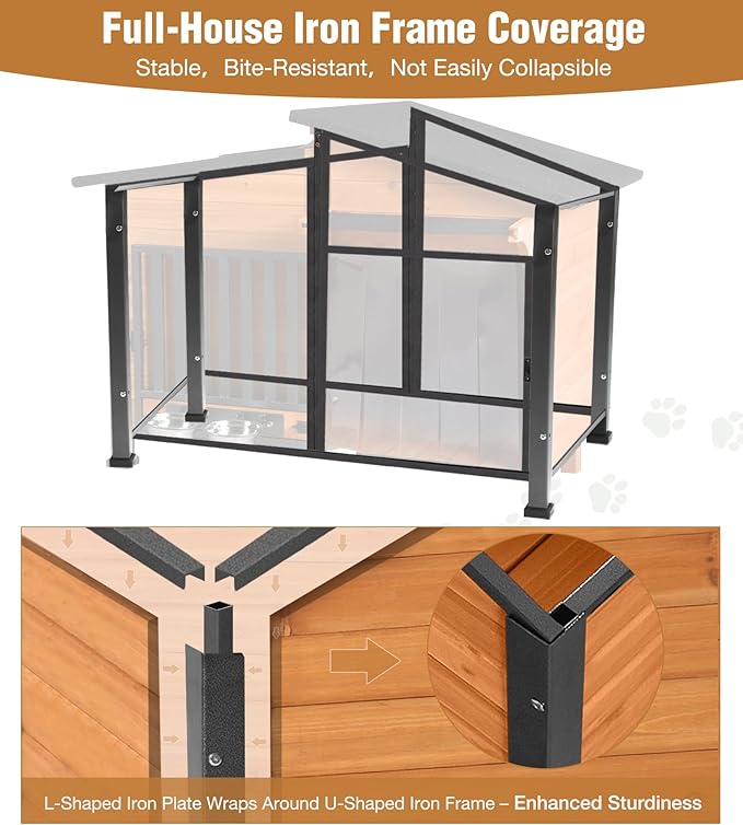 GUTINNEEN Heated Dog House Outdoor with Electric Heating Pad, Insulated Wooden Dog Kennel with 360° Rotating Feeding Bowl, Anti-Chewing Metal Frame, Natural Wood Color