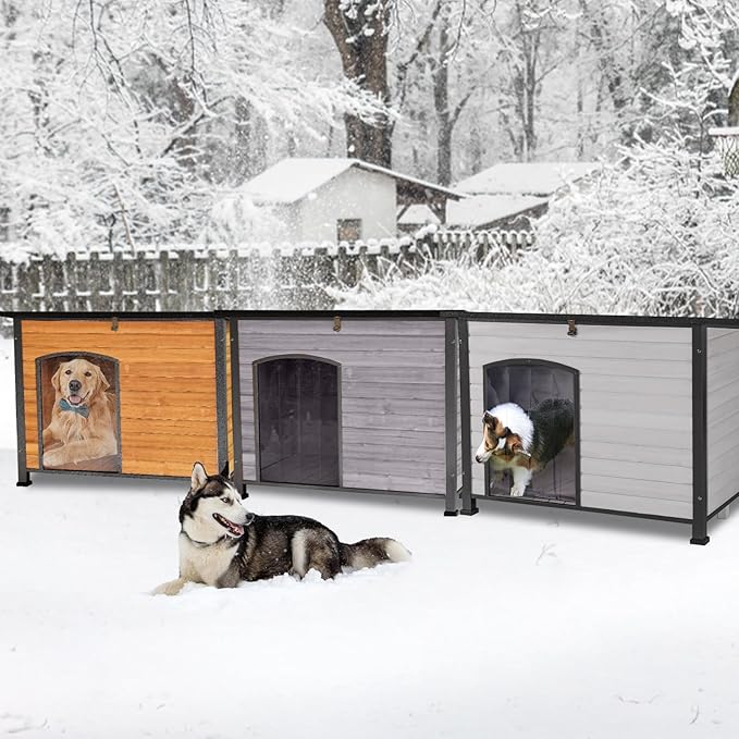 GUTINNEEN Outdoor Dog House with Insulated Liner,Durable Waterproof Puppy Shelter for Small & Medium & Large Dogs,Indoor Wooden Dog Kennel for Winter,Cozy Design(Brown)
