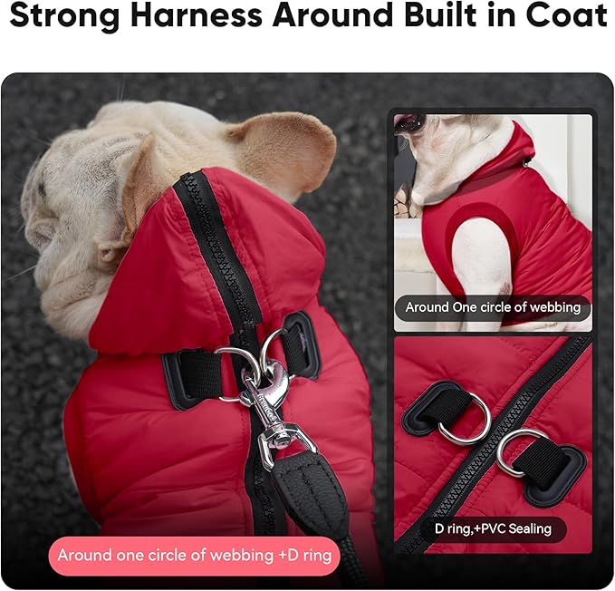 Fleece Lining Dog Hoodie with Harness Built in,Extra Warm Large Dog Jacket in Winter Doggie Coats with Hooded,Red XXXL