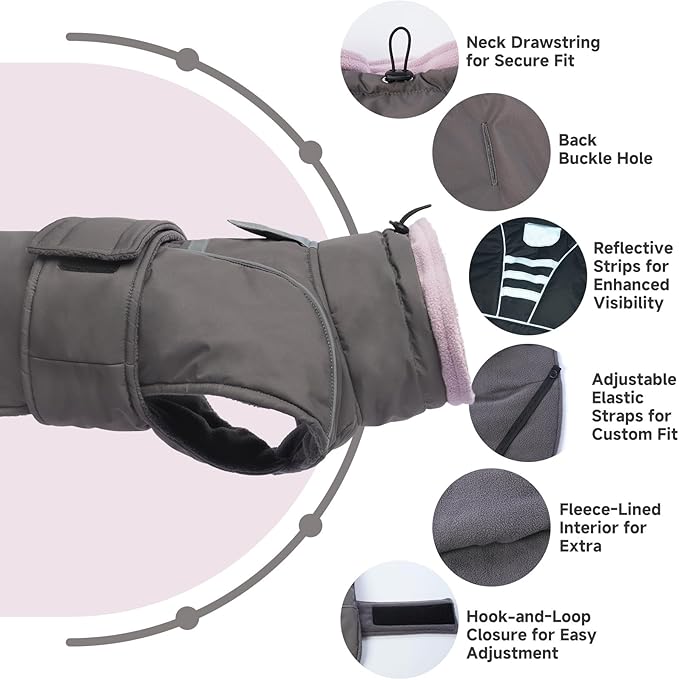 Dog Winter Coat for Small to Large Dogs(XS-XXXL)– Waterproof Windproof Fleece Lined Jacket with Reflective Trim,Pet Vest with Adjustable Buckles, Machine Washable Grey XS
