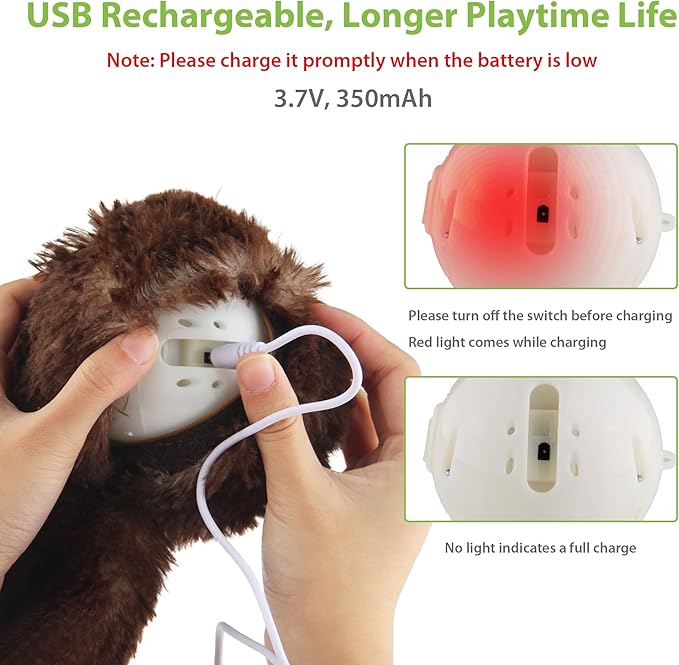 PETGEEK Interactive Squeaky Dog Toy, Automatic Moving Vibrating Dog Balls with Plush Cover, Rechargeable Perro Juguetes with Recording and Music Mode, Crinkle Pet Plush Toy for Boredom, Brown
