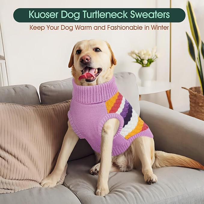 Kuoser Dog Sweater, Pet Cable Knitted Pullover Puppy Warm Clothes, Doggy Turtleneck Classic Knitwear Soft Thickening Doggie Outfit, Cold Weather Thermal Wear for Large Size Dogs, Purple 2XL